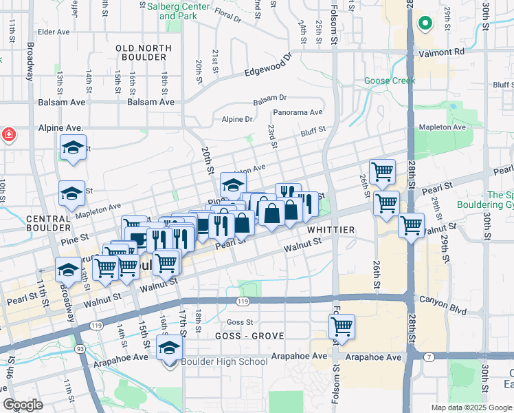 map of restaurants, bars, coffee shops, grocery stores, and more near 2105 Spruce Street in Boulder