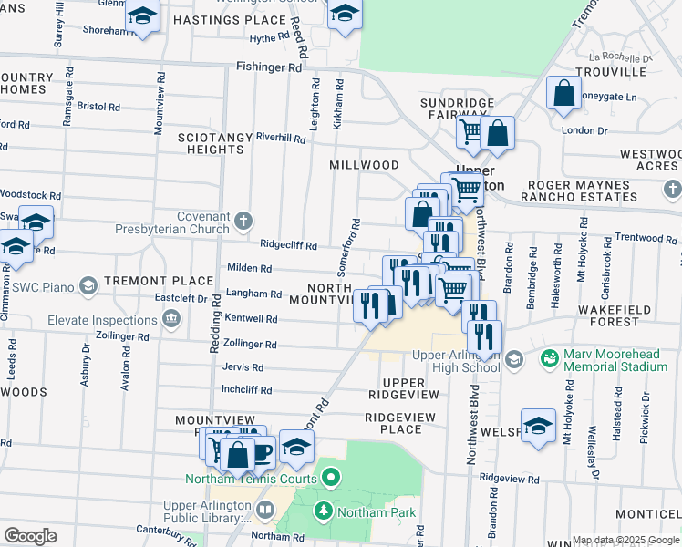 map of restaurants, bars, coffee shops, grocery stores, and more near Milden Road in Upper Arlington