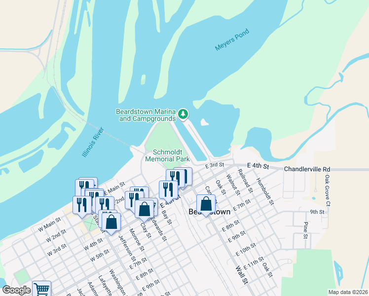 map of restaurants, bars, coffee shops, grocery stores, and more near Marina Levee Road in Beardstown