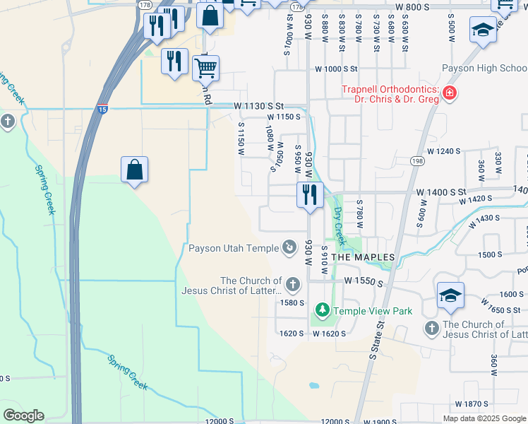 map of restaurants, bars, coffee shops, grocery stores, and more near 1287 South 1080 West in Payson