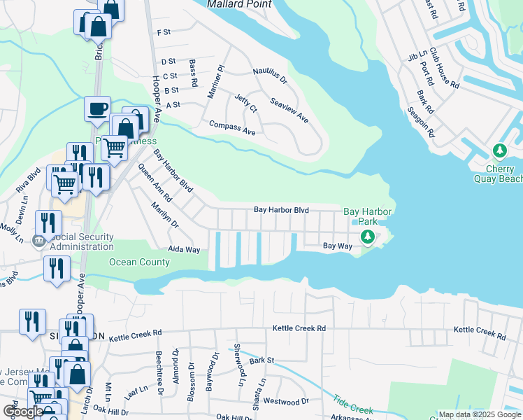 map of restaurants, bars, coffee shops, grocery stores, and more near 91 Bay Harbor Boulevard in Brick