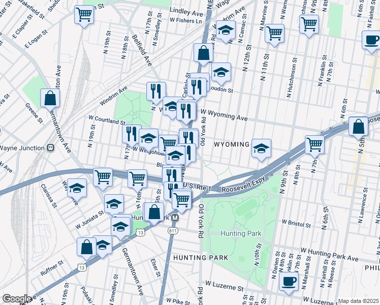 map of restaurants, bars, coffee shops, grocery stores, and more near in Philadelphia