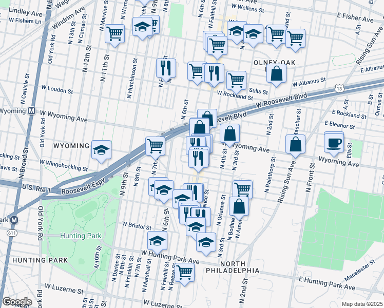 map of restaurants, bars, coffee shops, grocery stores, and more near 524 West Luray Street in Philadelphia