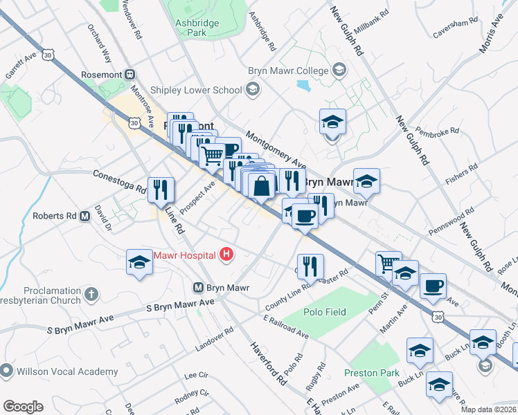 map of restaurants, bars, coffee shops, grocery stores, and more near 1 Central Avenue in Bryn Mawr