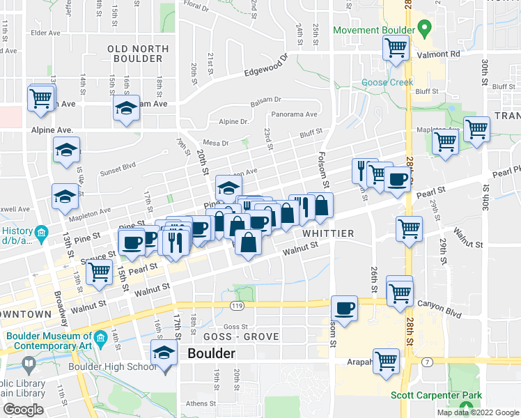 map of restaurants, bars, coffee shops, grocery stores, and more near 2220 Spruce Street in Boulder