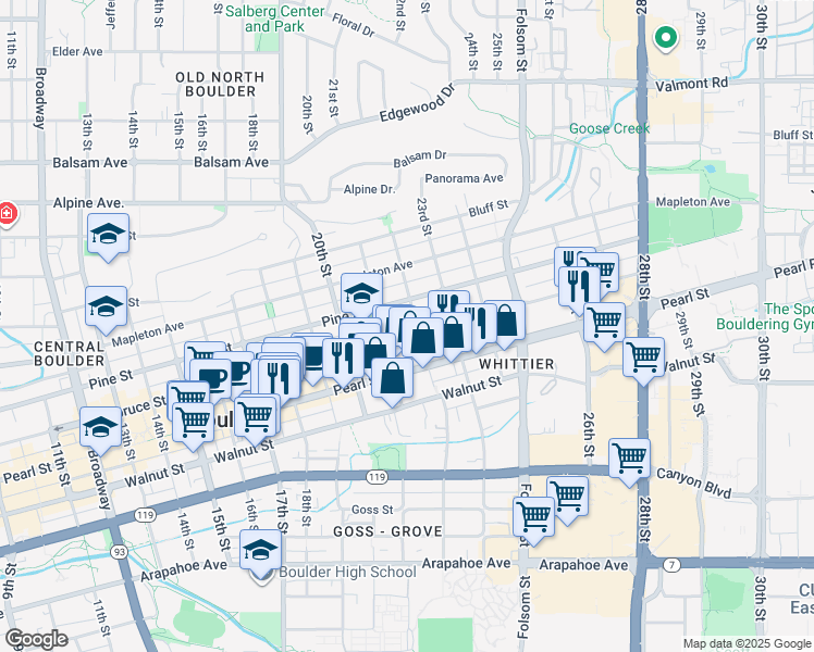 map of restaurants, bars, coffee shops, grocery stores, and more near 2220 Spruce Street in Boulder