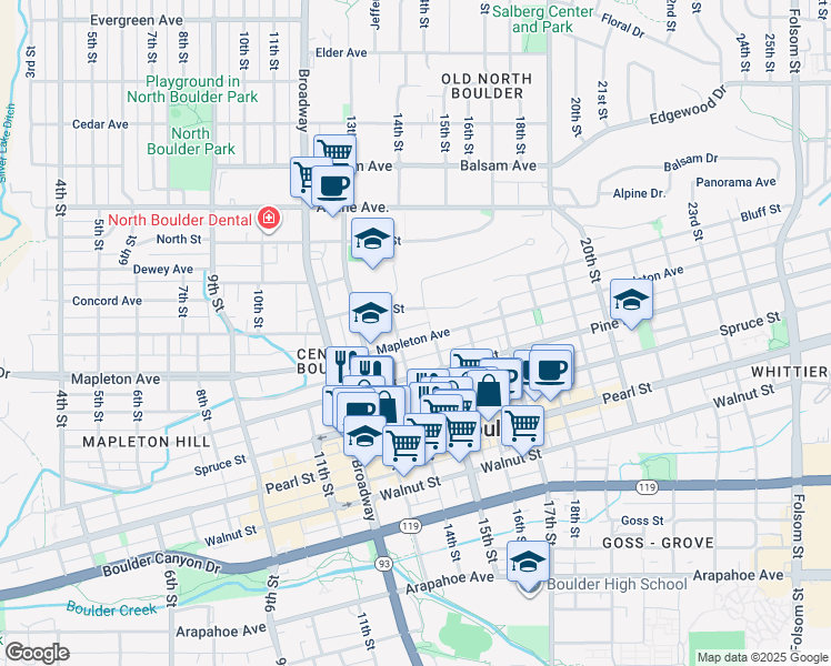 map of restaurants, bars, coffee shops, grocery stores, and more near 2245-2247 15th Street in Boulder