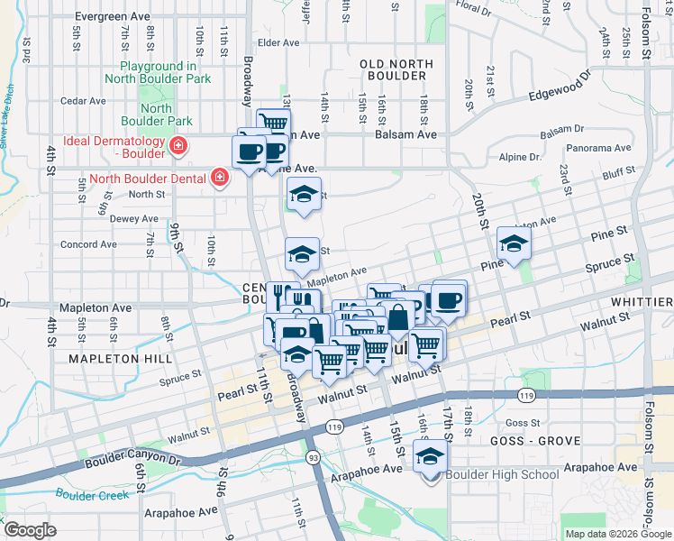 map of restaurants, bars, coffee shops, grocery stores, and more near 2245-2247 15th Street in Boulder