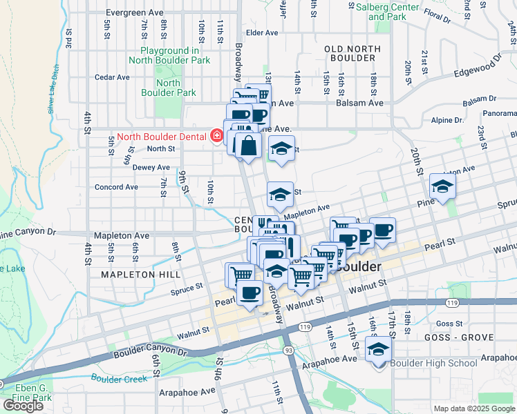 map of restaurants, bars, coffee shops, grocery stores, and more near 2319 13th Street in Boulder