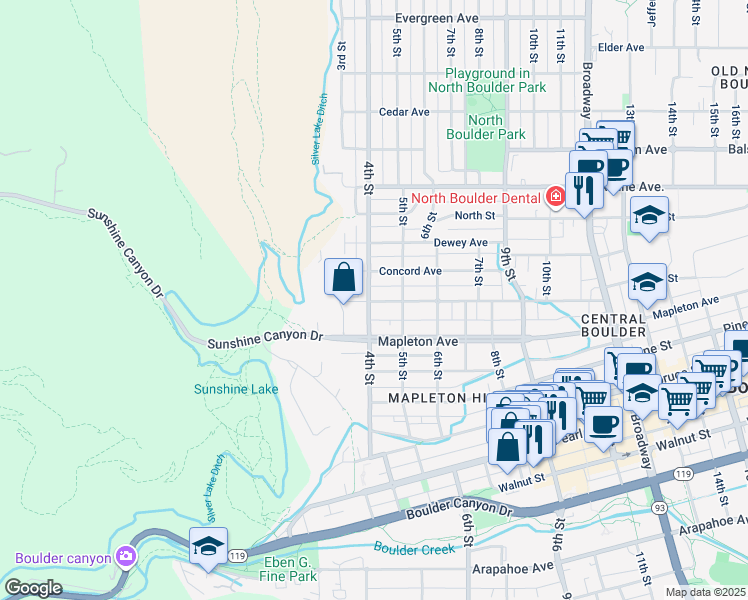 map of restaurants, bars, coffee shops, grocery stores, and more near 424 Maxwell Avenue in Boulder