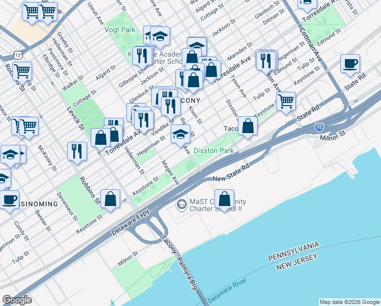 map of restaurants, bars, coffee shops, grocery stores, and more near 6670 Keystone Street in Philadelphia