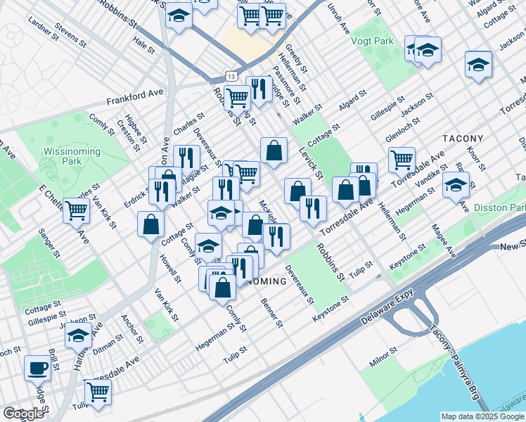 map of restaurants, bars, coffee shops, grocery stores, and more near 4509 Devereaux Street in Philadelphia