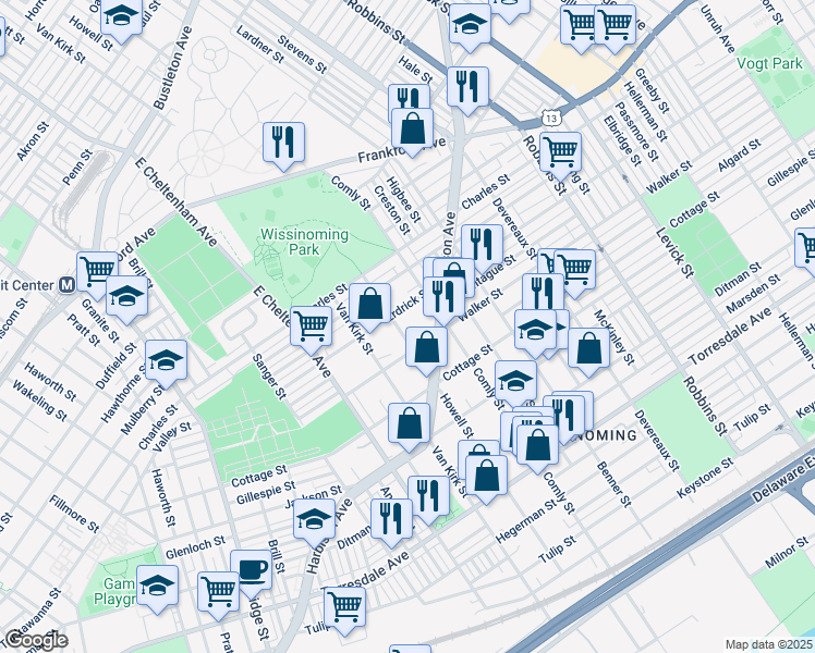 map of restaurants, bars, coffee shops, grocery stores, and more near 4213 Howell Street in Philadelphia