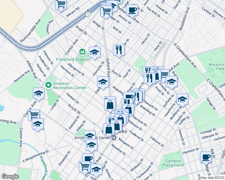 map of restaurants, bars, coffee shops, grocery stores, and more near 4924 Saul Street in Philadelphia