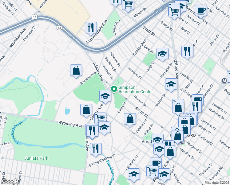 map of restaurants, bars, coffee shops, grocery stores, and more near 1010 Arrott Street in Philadelphia