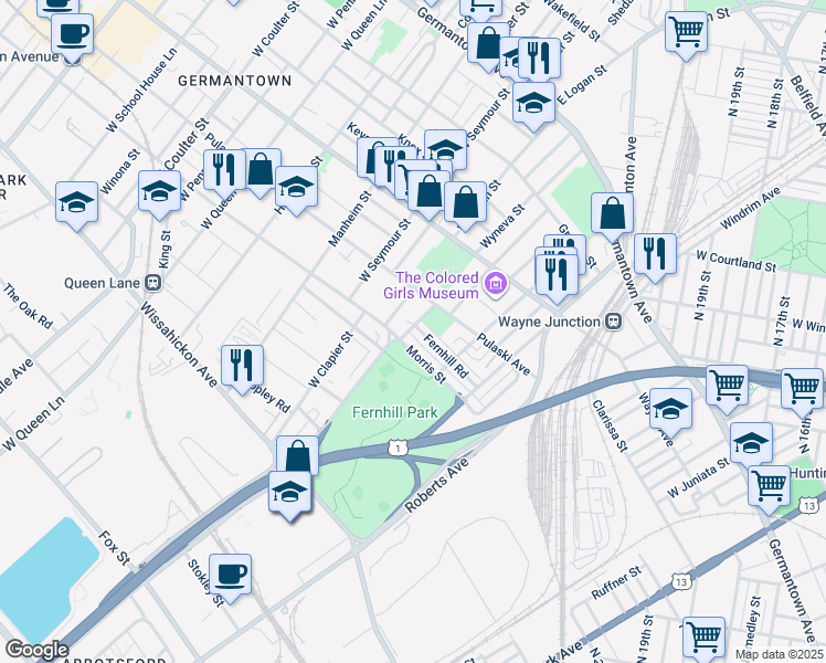 map of restaurants, bars, coffee shops, grocery stores, and more near 4660 Fernhill Road in Philadelphia