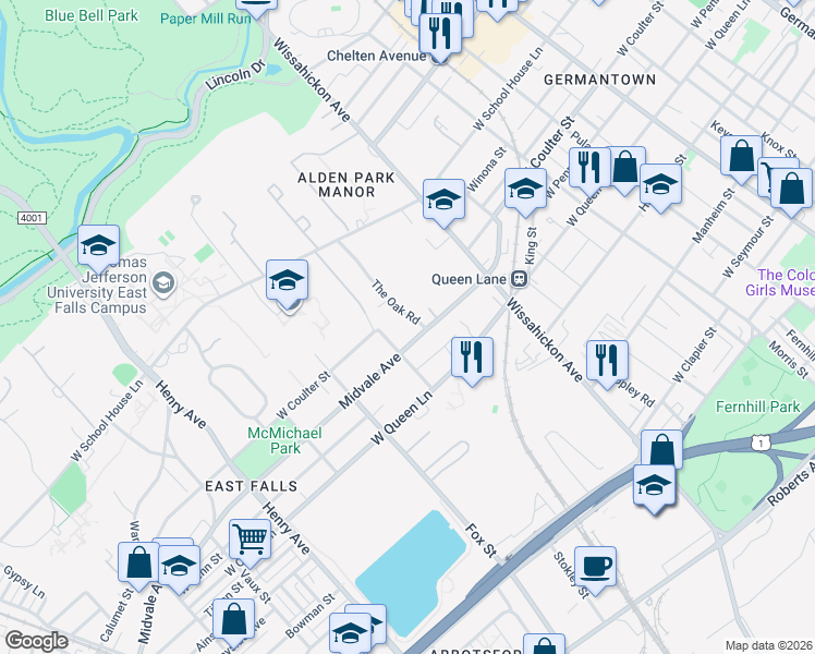 map of restaurants, bars, coffee shops, grocery stores, and more near 2823 Midvale Avenue in Philadelphia