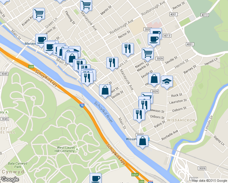 map of restaurants, bars, coffee shops, grocery stores, and more near 126 Seville Street in Philadelphia