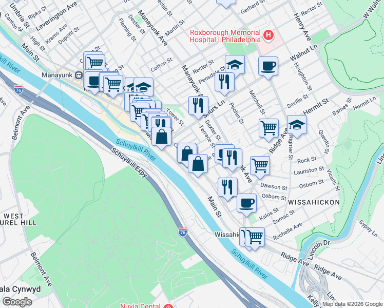 map of restaurants, bars, coffee shops, grocery stores, and more near 119 East Street in Philadelphia