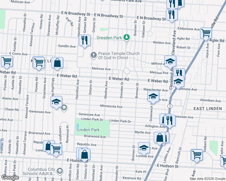 map of restaurants, bars, coffee shops, grocery stores, and more near 1448 Aberdeen Avenue in Columbus