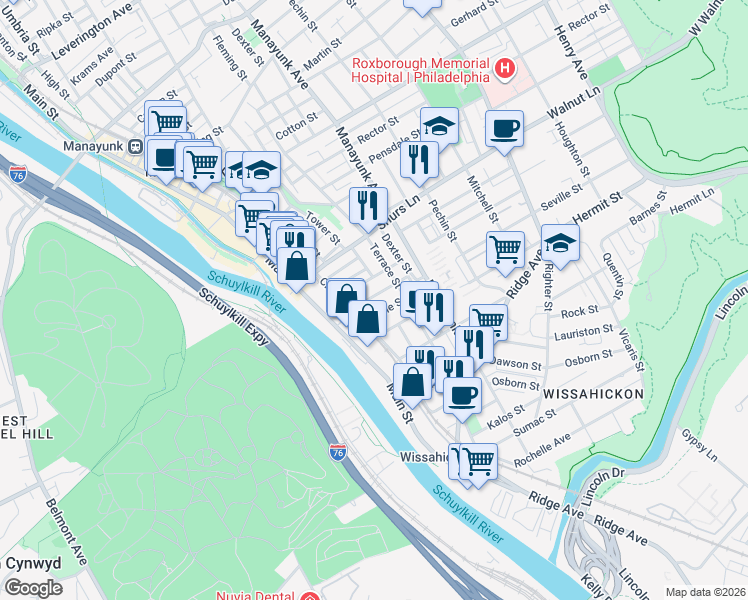 map of restaurants, bars, coffee shops, grocery stores, and more near 126 Seville Street in Philadelphia