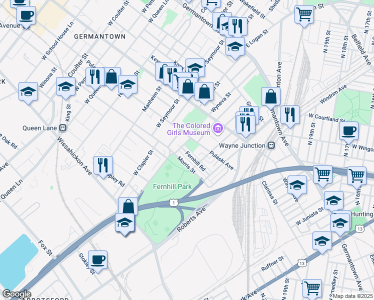map of restaurants, bars, coffee shops, grocery stores, and more near 4647 Fernhill Road in Philadelphia
