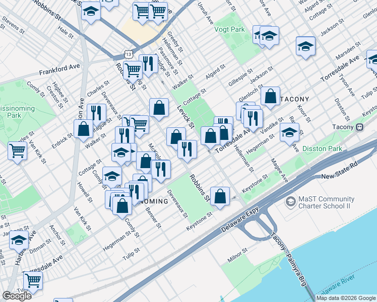 map of restaurants, bars, coffee shops, grocery stores, and more near 6312 Marsden Street in Philadelphia