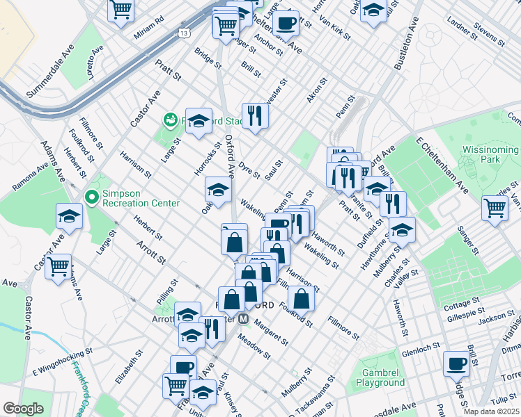 map of restaurants, bars, coffee shops, grocery stores, and more near 1323 Wakeling Street in Philadelphia