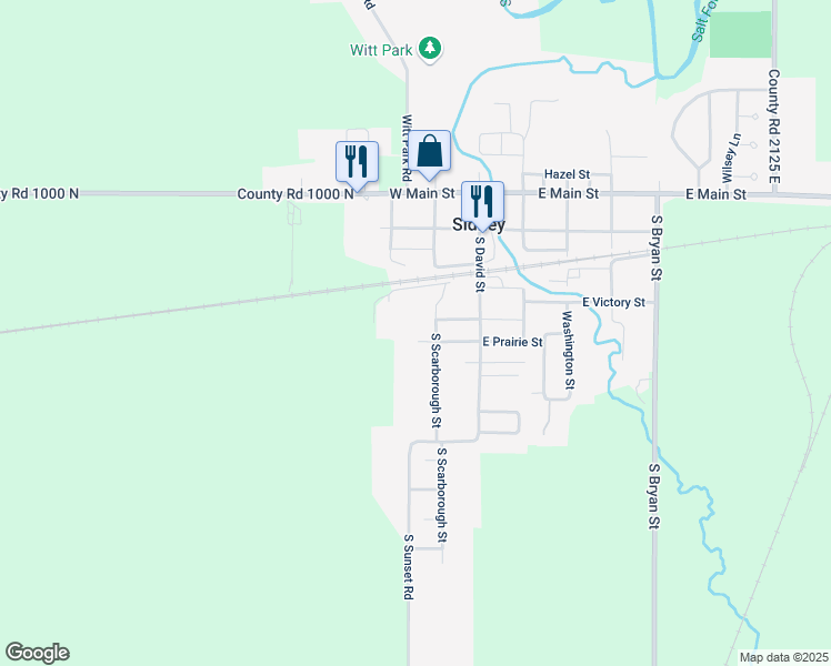 map of restaurants, bars, coffee shops, grocery stores, and more near 204 East Prairie Street in Sidney