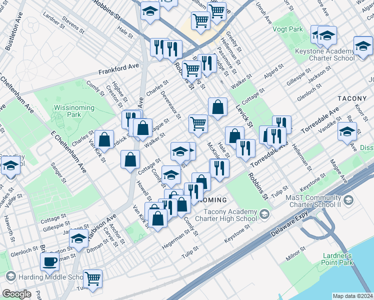 map of restaurants, bars, coffee shops, grocery stores, and more near 6140 Gillespie Street in Philadelphia
