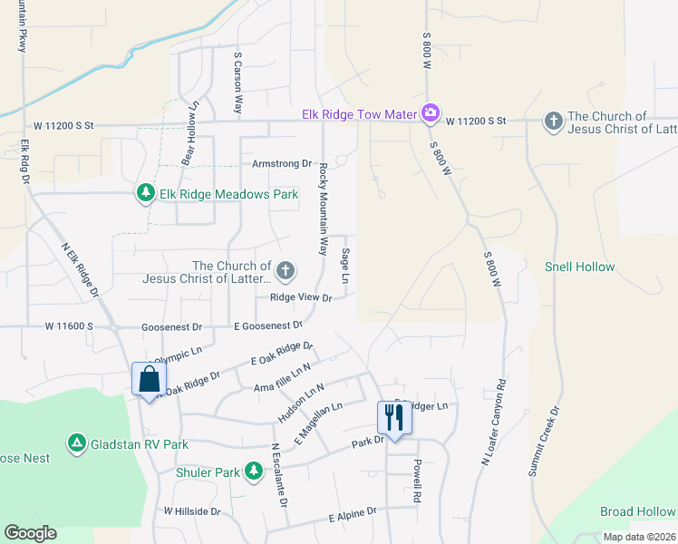 map of restaurants, bars, coffee shops, grocery stores, and more near 838 Sage Lane in Elk Ridge