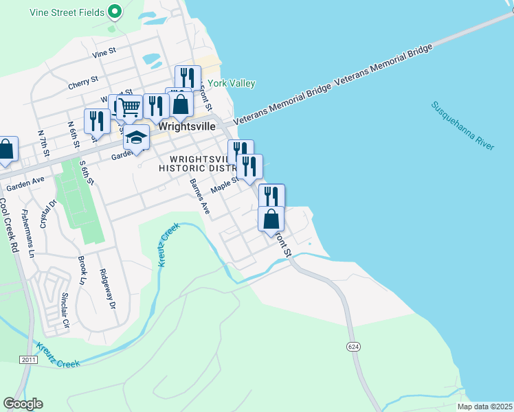 map of restaurants, bars, coffee shops, grocery stores, and more near 500 Pennsylvania 624 in Wrightsville