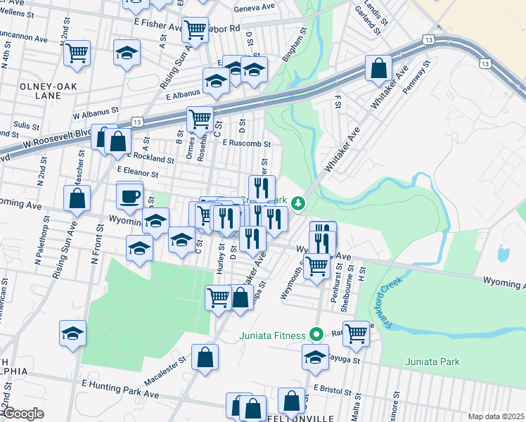 map of restaurants, bars, coffee shops, grocery stores, and more near Rorer Street in Philadelphia