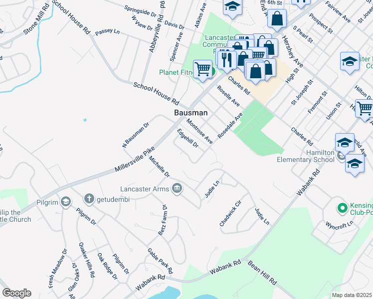 map of restaurants, bars, coffee shops, grocery stores, and more near 33 Springhouse Road in Lancaster