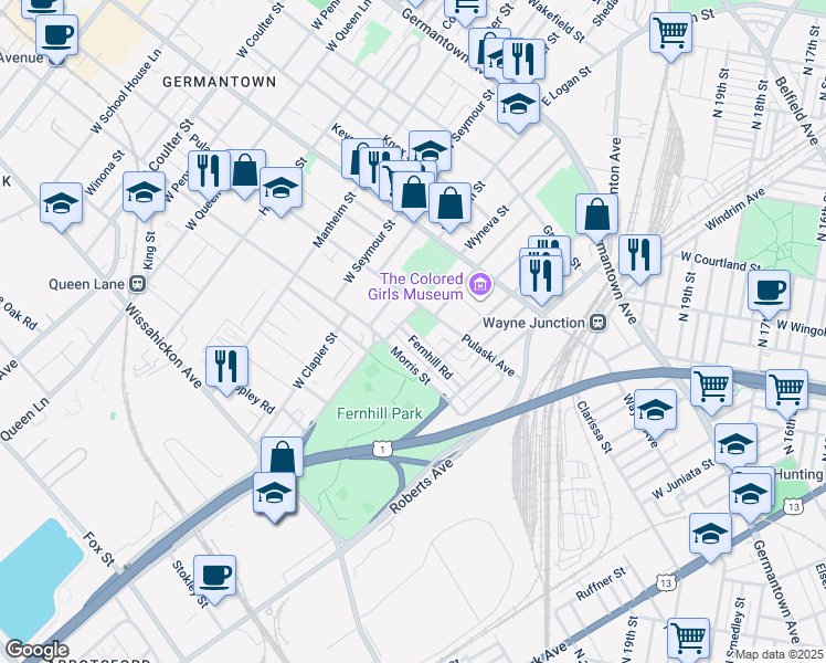map of restaurants, bars, coffee shops, grocery stores, and more near 4647 Fernhill Road in Philadelphia