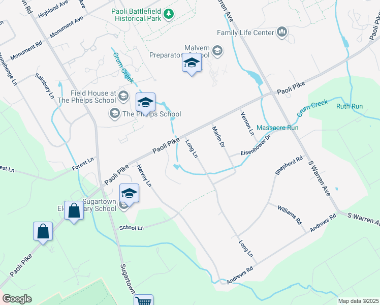 map of restaurants, bars, coffee shops, grocery stores, and more near 6 Long Lane in Malvern