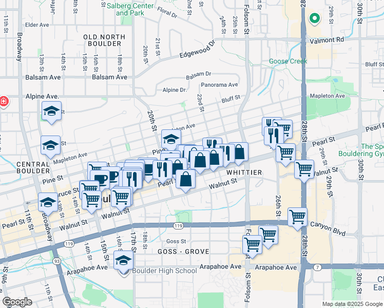 map of restaurants, bars, coffee shops, grocery stores, and more near 2220 Spruce Street in Boulder