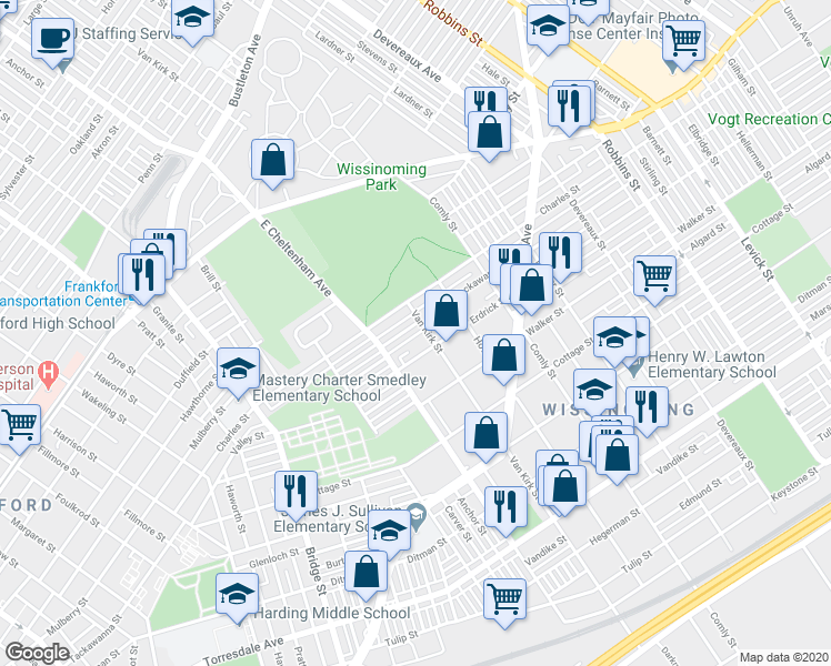 map of restaurants, bars, coffee shops, grocery stores, and more near 5745 Tackawanna Street in Philadelphia