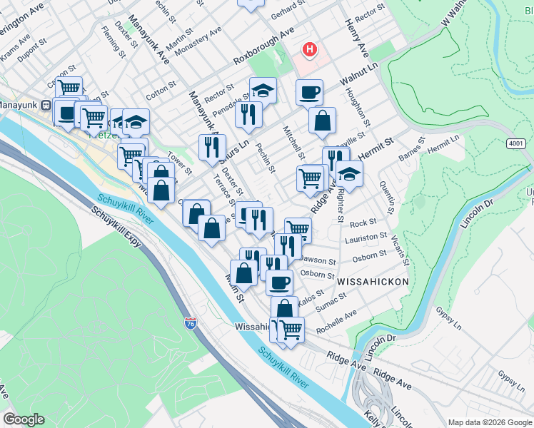 map of restaurants, bars, coffee shops, grocery stores, and more near in Philadelphia