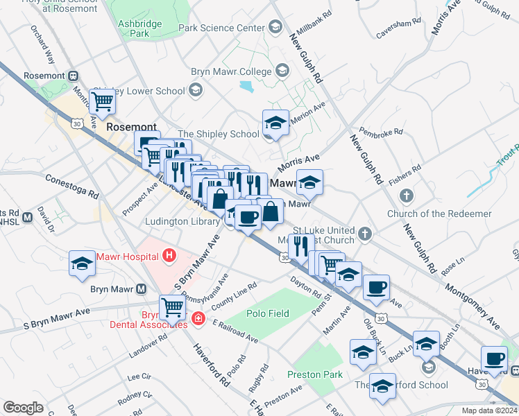 map of restaurants, bars, coffee shops, grocery stores, and more near 776 U.S. 30 in Bryn Mawr