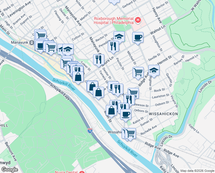 map of restaurants, bars, coffee shops, grocery stores, and more near 126 Seville Street in Philadelphia