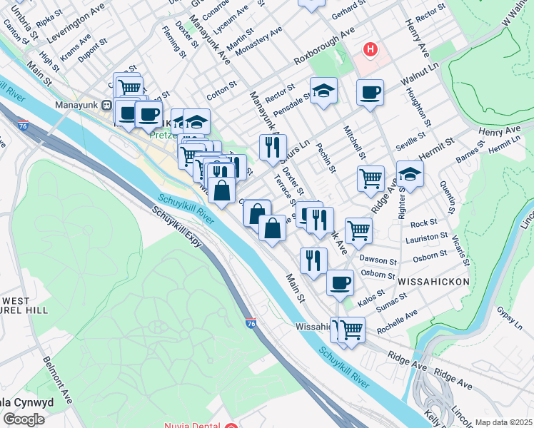 map of restaurants, bars, coffee shops, grocery stores, and more near 132 East Street in Philadelphia