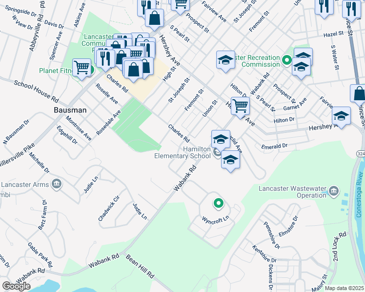 map of restaurants, bars, coffee shops, grocery stores, and more near 403 Winthrop Drive in Lancaster