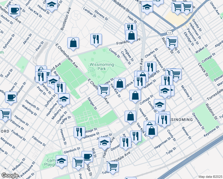 map of restaurants, bars, coffee shops, grocery stores, and more near 5745 Tackawanna Street in Philadelphia