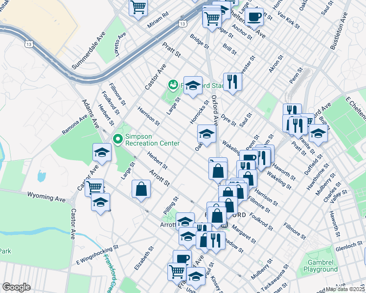 map of restaurants, bars, coffee shops, grocery stores, and more near 1214 Harrison Street in Philadelphia