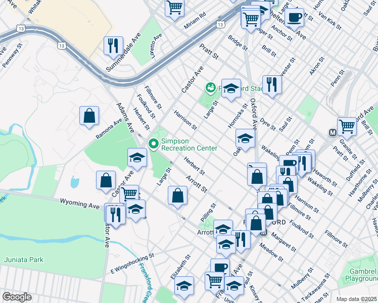 map of restaurants, bars, coffee shops, grocery stores, and more near 1108 Foulkrod Street in Philadelphia