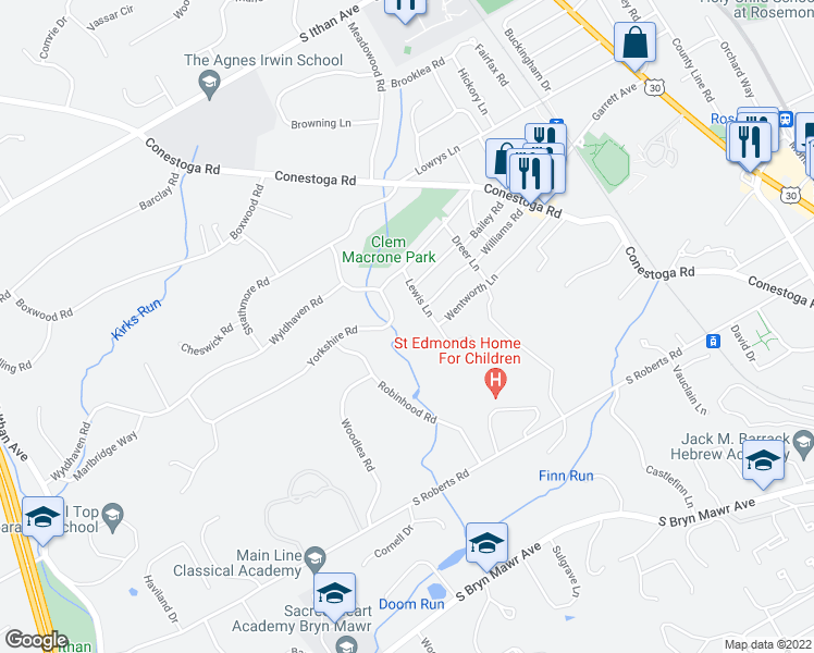 map of restaurants, bars, coffee shops, grocery stores, and more near 361 Yorkshire Road in Bryn Mawr