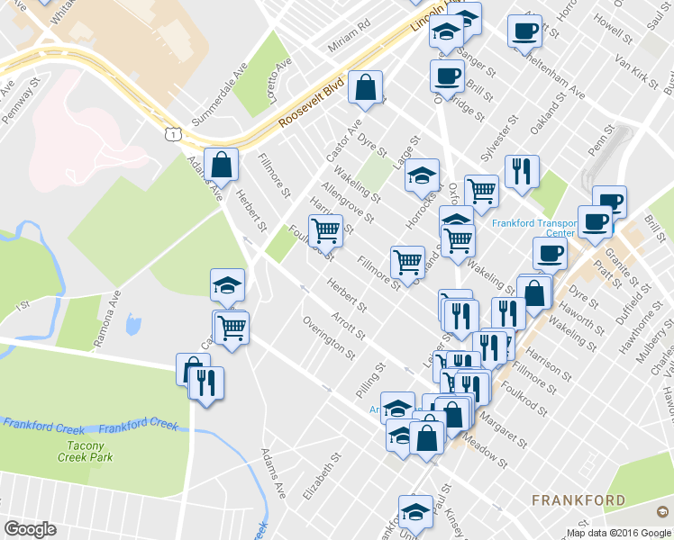 map of restaurants, bars, coffee shops, grocery stores, and more near 1108 Foulkrod Street in Philadelphia