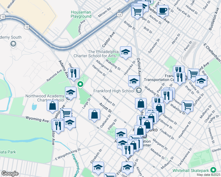 map of restaurants, bars, coffee shops, grocery stores, and more near 1134 Fillmore St in Philadelphia