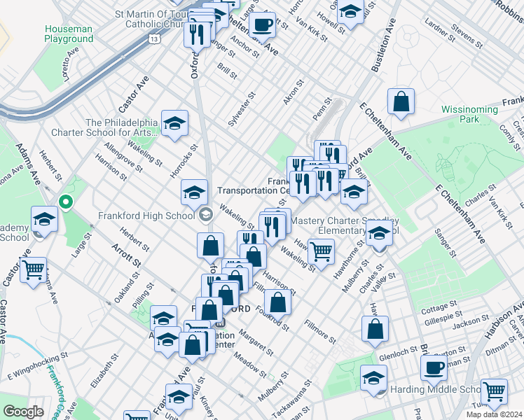 map of restaurants, bars, coffee shops, grocery stores, and more near 5025 Penn Street in Philadelphia